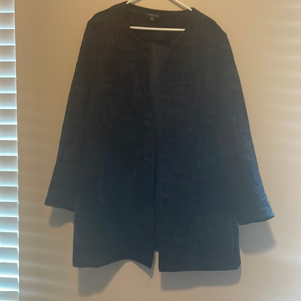 Eileen Fisher Jacket Topper Crosshatch Tencel Cotton Blend Black Open Front 3X